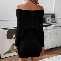 BXOXO Women's New Spliced Fashionable Solid Color Slim Fit Casual Long Sleeved Knitted One-piece Collar Dress