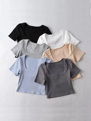 BXOXO Women Square Neck Rib Crop T-shirt Short Sleeve Crop Top