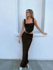 Bxoxo Wine Christmas Dress Women Satin 2 Piece Dress Set Elegant Bodycon Corset Cropped Top and Long Skirt Women Clothing