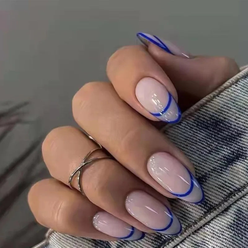 Bxoxo 24P French Oval False Nails Girls White Edge Design Nude Color Wearable Press on Nail Full Cover Short Acrylic Almond Fake Nails
