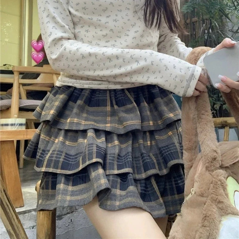 BXOXO Plaid Ruffle Mini Skirt Women Kawaii Japanese Style Harajuku Vintage Short Skirts Cutecore Street Pleated Layered Skirt