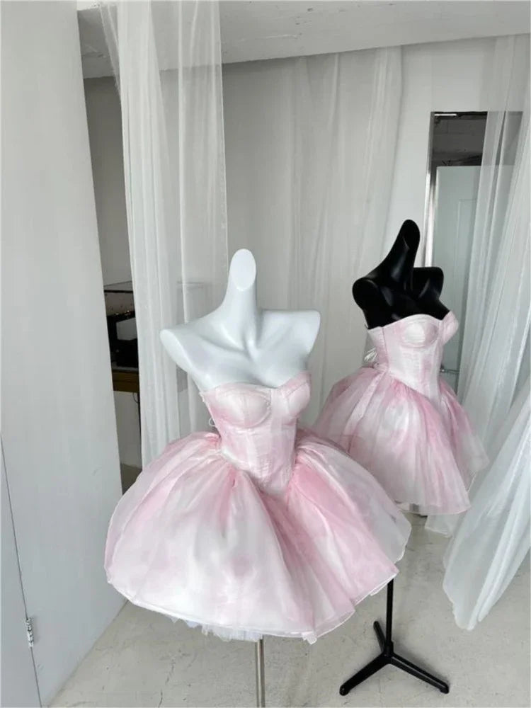 BXOXO Women Chic Pink Asymmetrical Dress Vintage Summer Mini Birthday Female Ruffles PartyLady Holiday Puff Dress