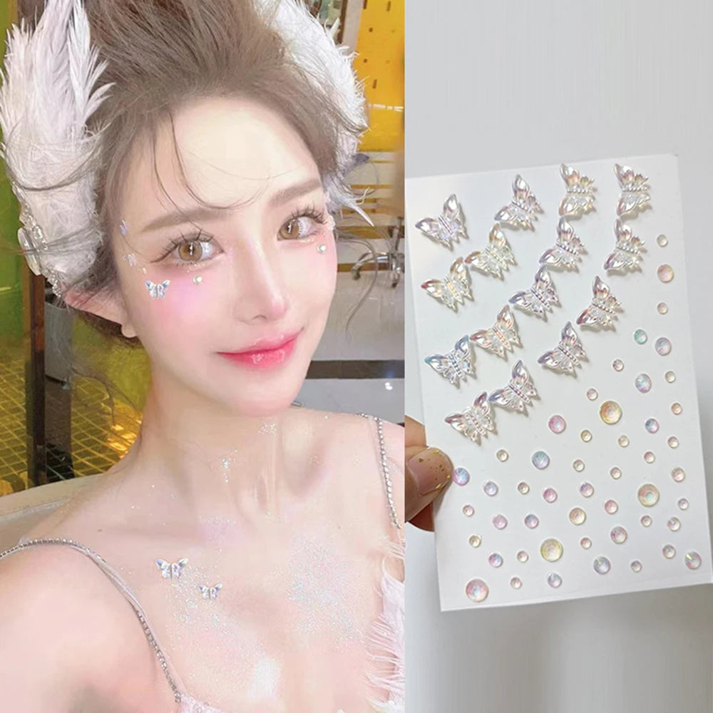 BXOXO Fashon Butterfly Face Stickers Pearl Temporary Tattoo Stickers Waterproof Glitter Eyeshadow Body for Festival Makeup