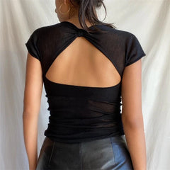 BXOXO Sexy Square-neck Backless Black T-shirt Y2K Aesthetic Mesh Sheer Hollow Out Crop Top Summer Streetwear Short Sleeve Tees