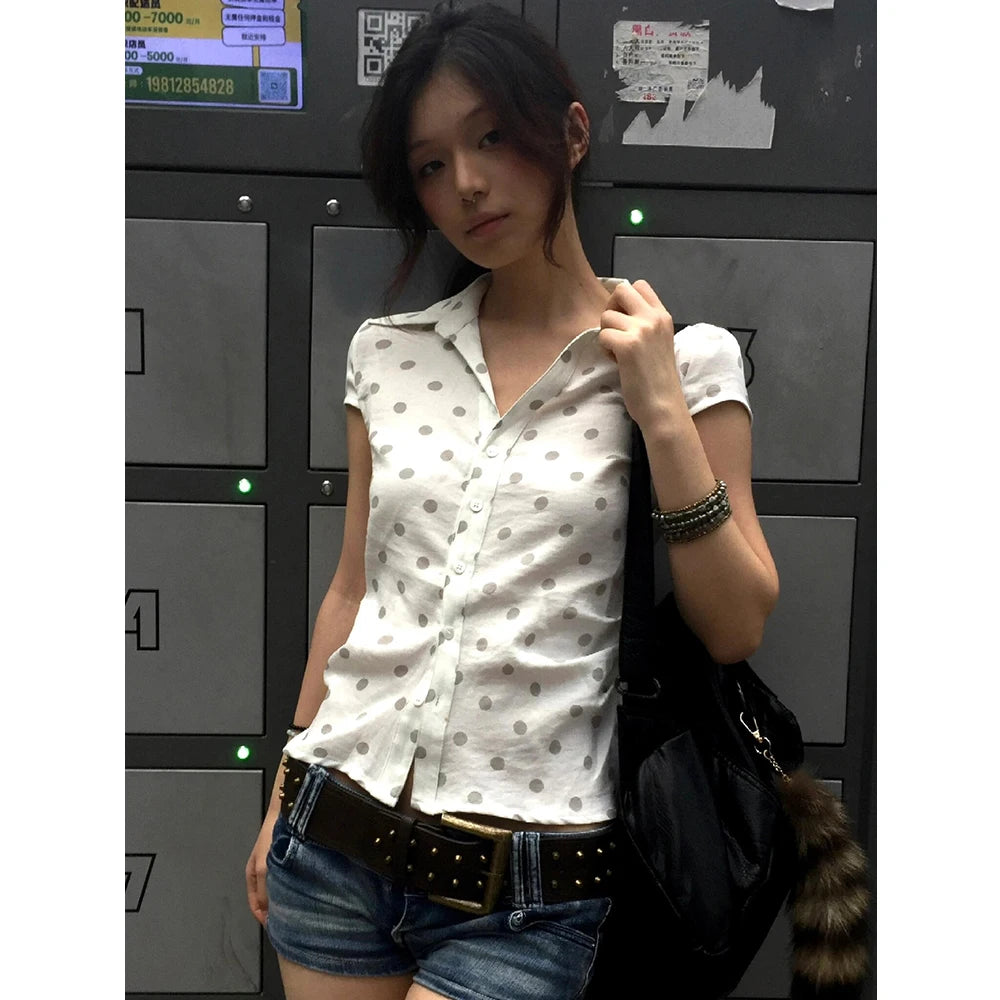 Bxoxo Korean Style Shirt And Blouse Polka Dots Short Sleeve Casual Shirt Y2k Japanese 2000s Retro Shirt Vintage Tops Outfit