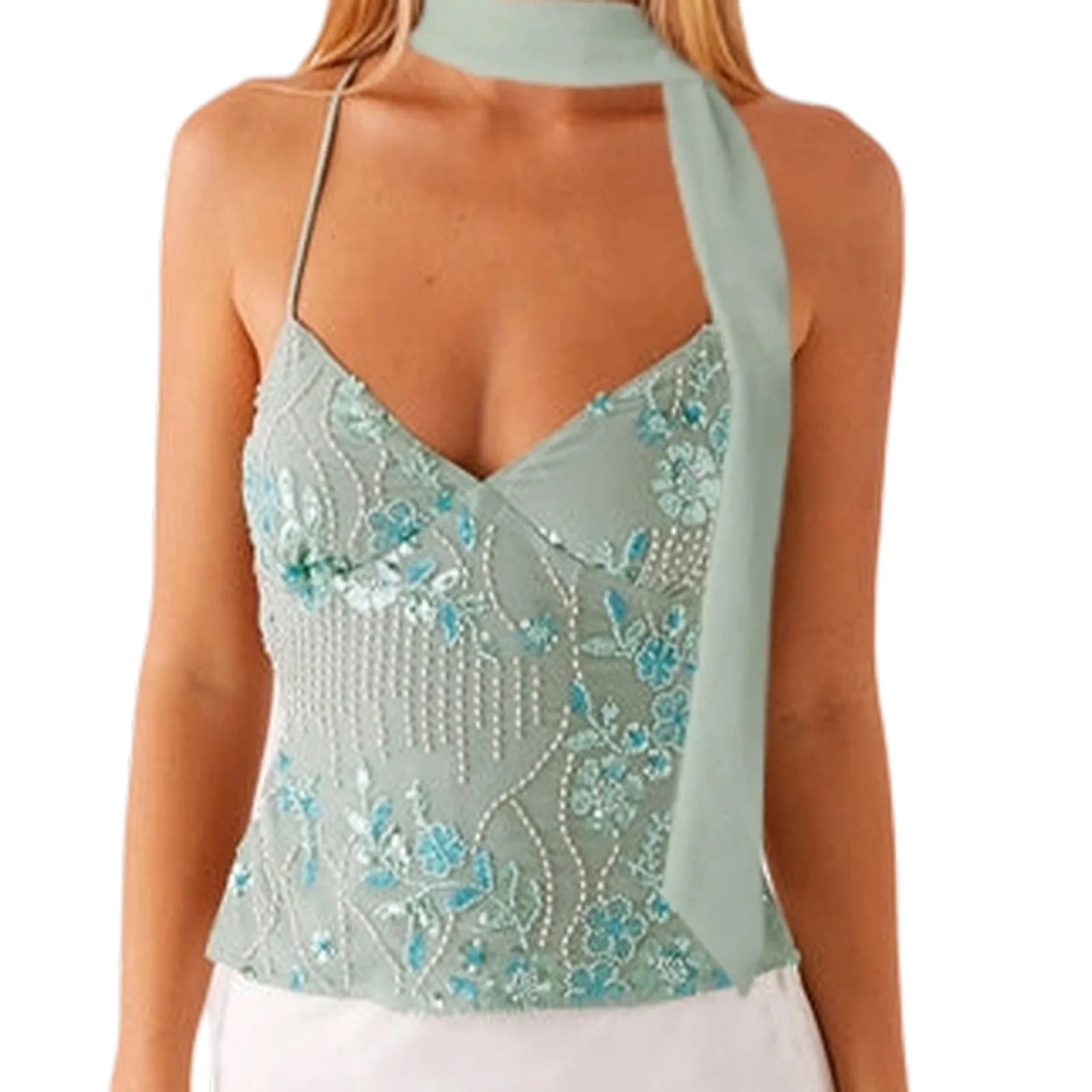 BXOXO Sequin Halter Crop Tops for Women Y2k Pearl Embellished Cami Tops Summer Glitter V Neck Rhinestone Camisole Tank Shirt