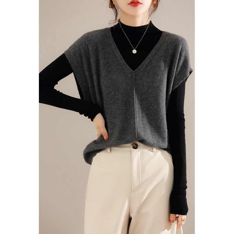 Bxoxo Cashmere Vest Ladies New 100%Pure Wool Knit Waistcoat Spring V-Neck Large Size Sweater Wild Sleeveless Vest Solid Loose Top
