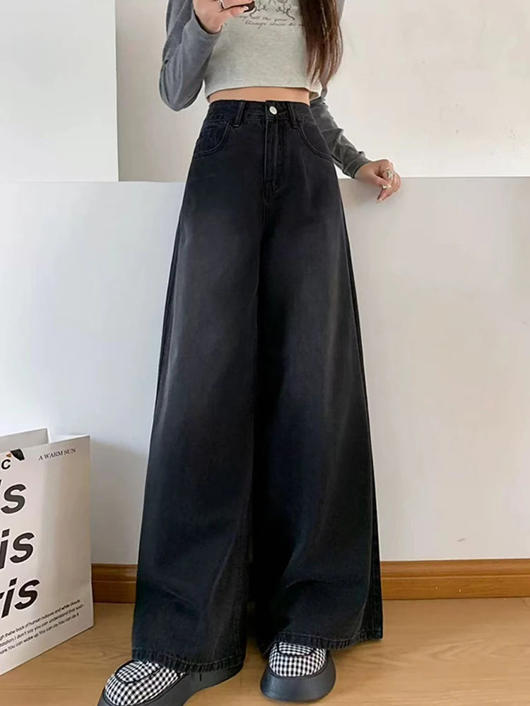 Bxoxo Vintage Wide Leg Jeans Women Autumn High Waist Streetwear Loose Straight Trousers Korean Chic Black Grey All Match Denim Pants