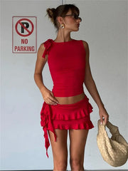 BXOXO Vacation Women 2 Piece Set Double-Deck Pleated Tassel Mini Skirt+Bandage Tank Top Festival Party Sexy Matching Outfits