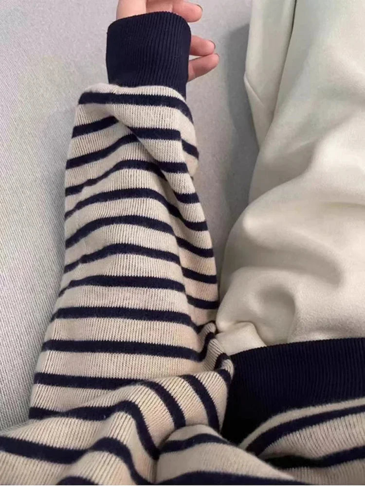 Bxoxo Retro Striped Sweatshirt Women Autumn Warm Long Sleeve O Neck Knitted Pullover Korean Loose All-Match Preppy Hoodie Female New