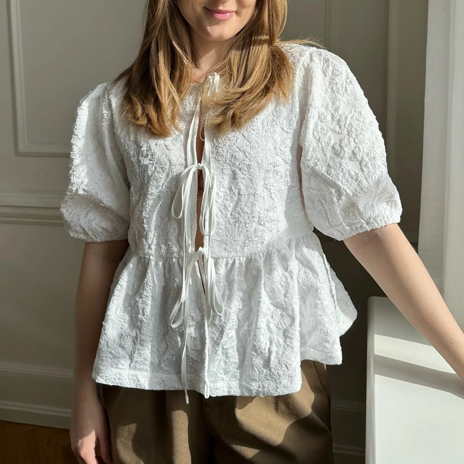 BXOXO Short Sleeve Peplum Blouse Tie Front Lace Up Ruffle Top Puff Sleeve Babydoll Shirt Y2k Loose Spring Summer Tops