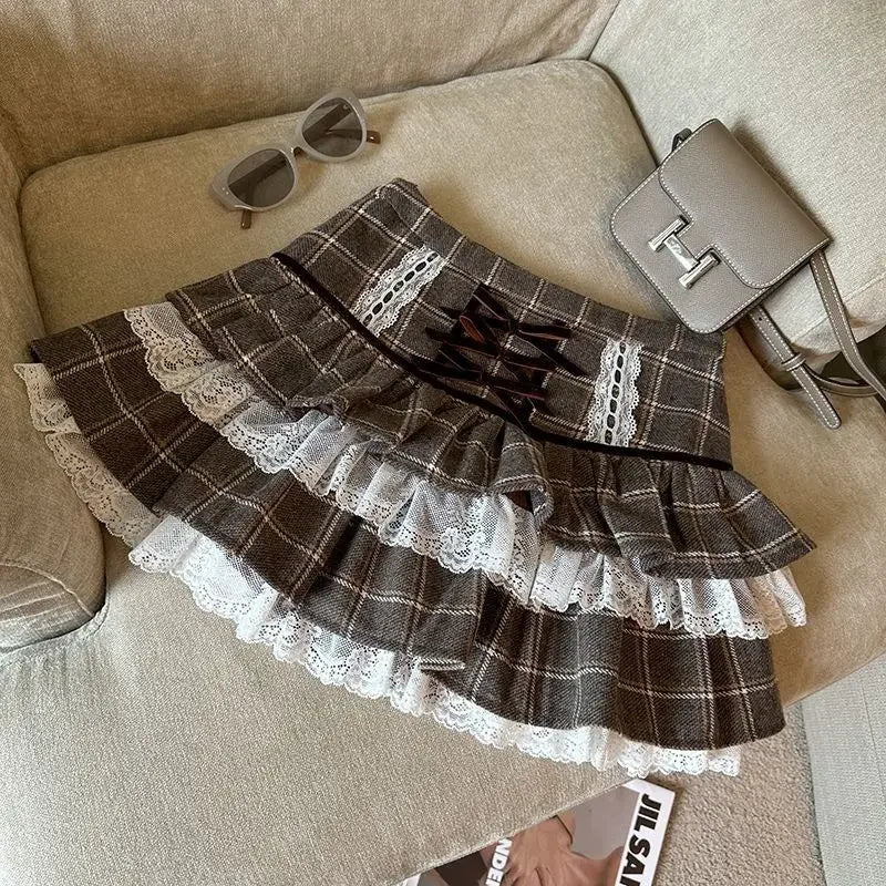 BXOXO Kawaii Ruffle Lace Plaid Skirts Women Sweet Elegant Mini Skirt Cutecore Autumn Winter Patchwork A-line Short Skirts