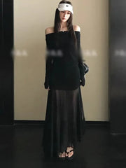 Bxoxo Sexy Vintage Elastic Women's Party Dresses 2025 Spring Summer Long Sleeve Chic Irregular Slim Waist Slash-Neck Dress Prom Robe