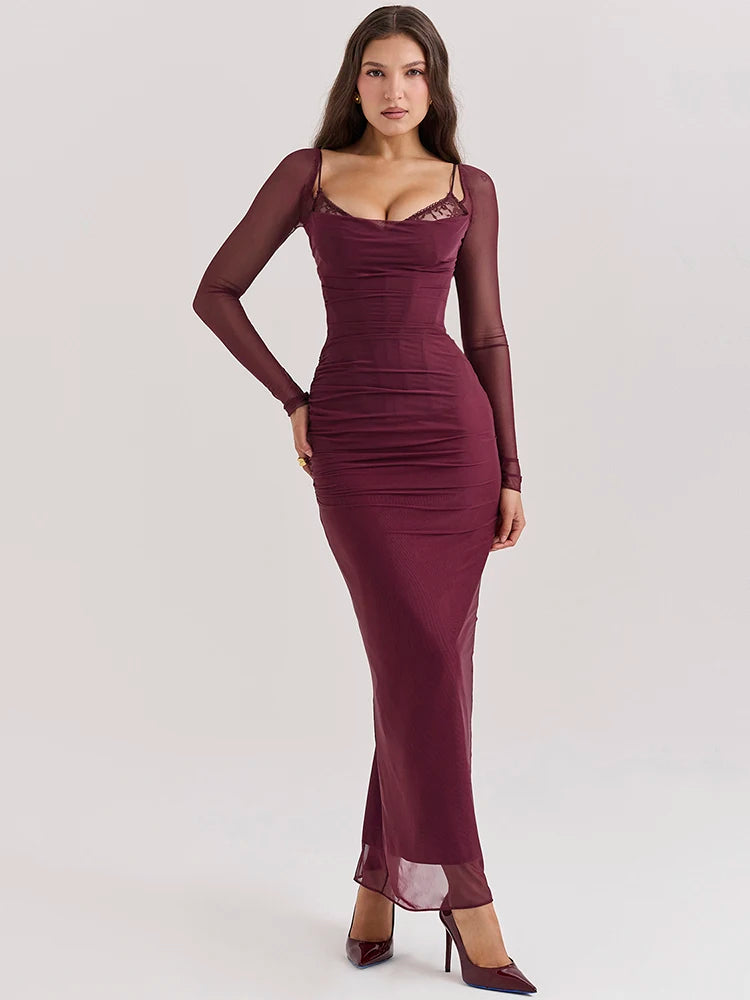 BXOXO  Elegant Sheer Long Sleeve Sexy Maxi Dress For Women Fashion Mesh Strapless Backless Club Party Sexy Long Dress