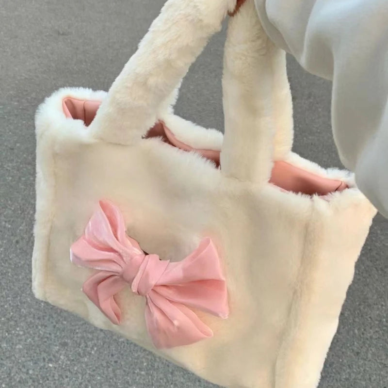 BXOXO Kawaii Lolita Women Shoulder Bag Cute Soft White Plush Handbag Large Capacity Sweet Fashion Designer Exquisite Tote Bag