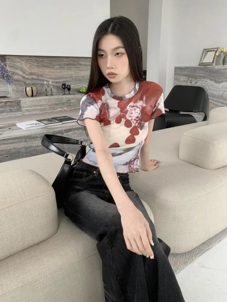BXOXO Chic See Through Mesh Tops Short Sleeve Crop Top T Shirt Print Cake Graphic Tees Women Clothes Korean Style E Girl Y2k