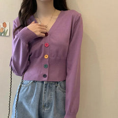 Bxoxo Autumn and Winter Little Fresh Colorful Buttons Younger Slim-Fit Slimming V-Collar Cardigan Long-Sleeved Sweater Top for Women