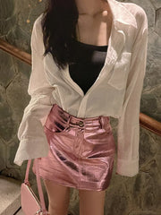 Summer Autumn Pink Silver Reflective Shiny Patent Leather Mini Skirts for Women High Waist A Line Short Sexy Y2K Clothes