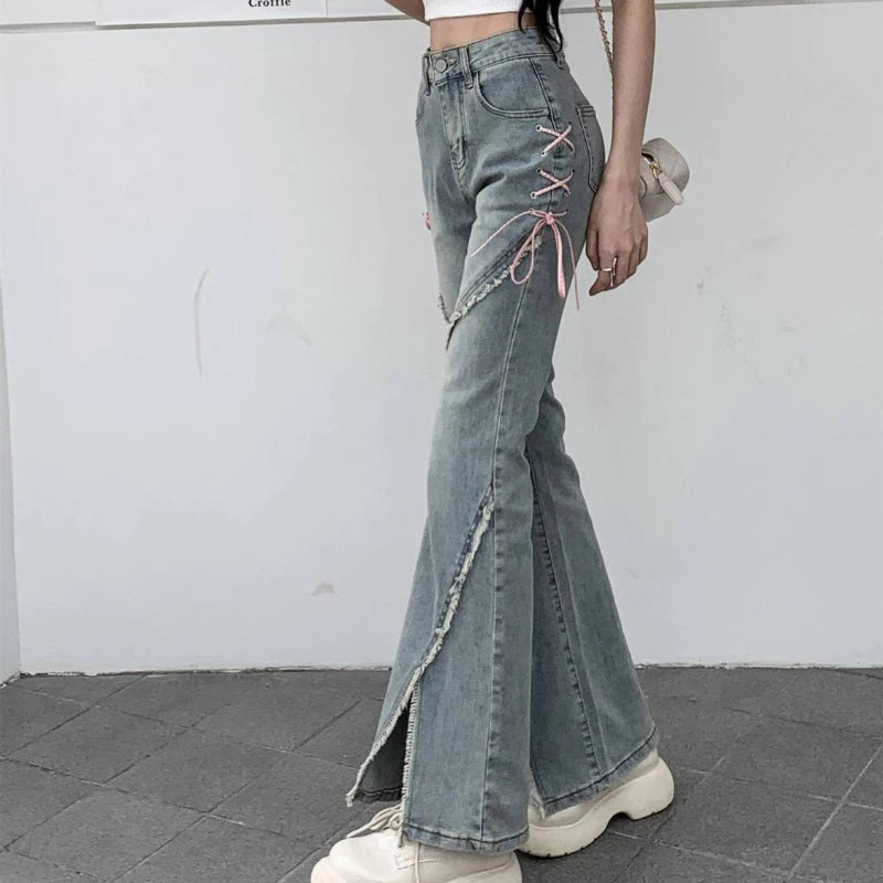 BXOXO American Split Jeans Women Pink Bandage High Waist Irregular Spliced Denim Pants Zipper Fly Trousers Y2k Pantalon Femme