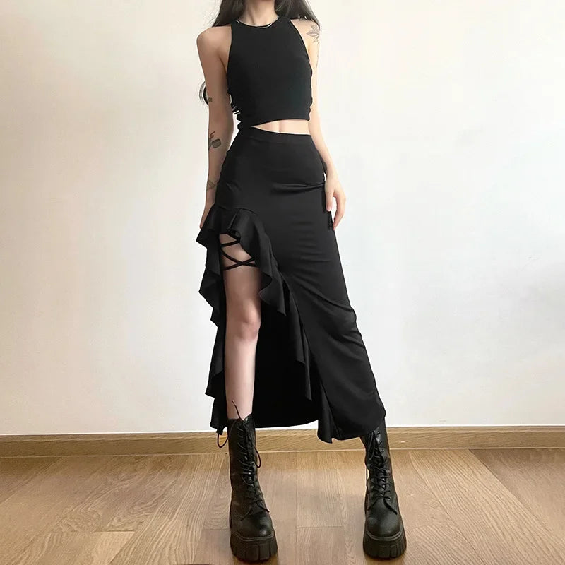 Bxoxo Gothic Black High Waist Bodycon Mid Skirt E-Girl Punk Ruffles Split A-Line Skirts Y2K Fashion Women Streetwear Bottoms