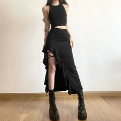 Bxoxo Gothic Black High Waist Bodycon Mid Skirt E-Girl Punk Ruffles Split A-Line Skirts Y2K Fashion Women Streetwear Bottoms