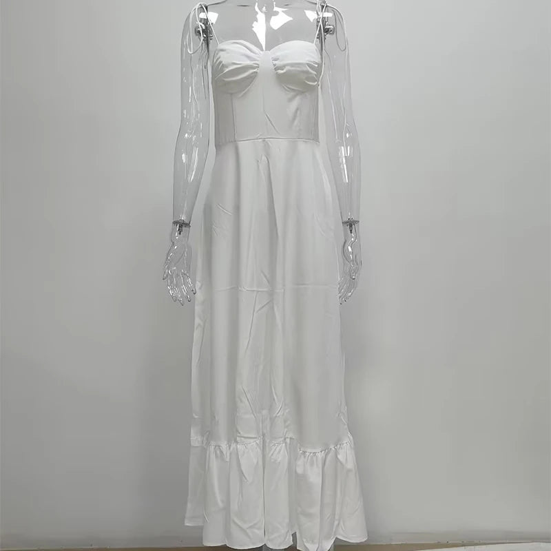 BXOXO Basic All-Match White Sling Dress Temperament High Waist Ruffled Dress Sweetheart Adjustable Bow Straps Thin Camisole Dress