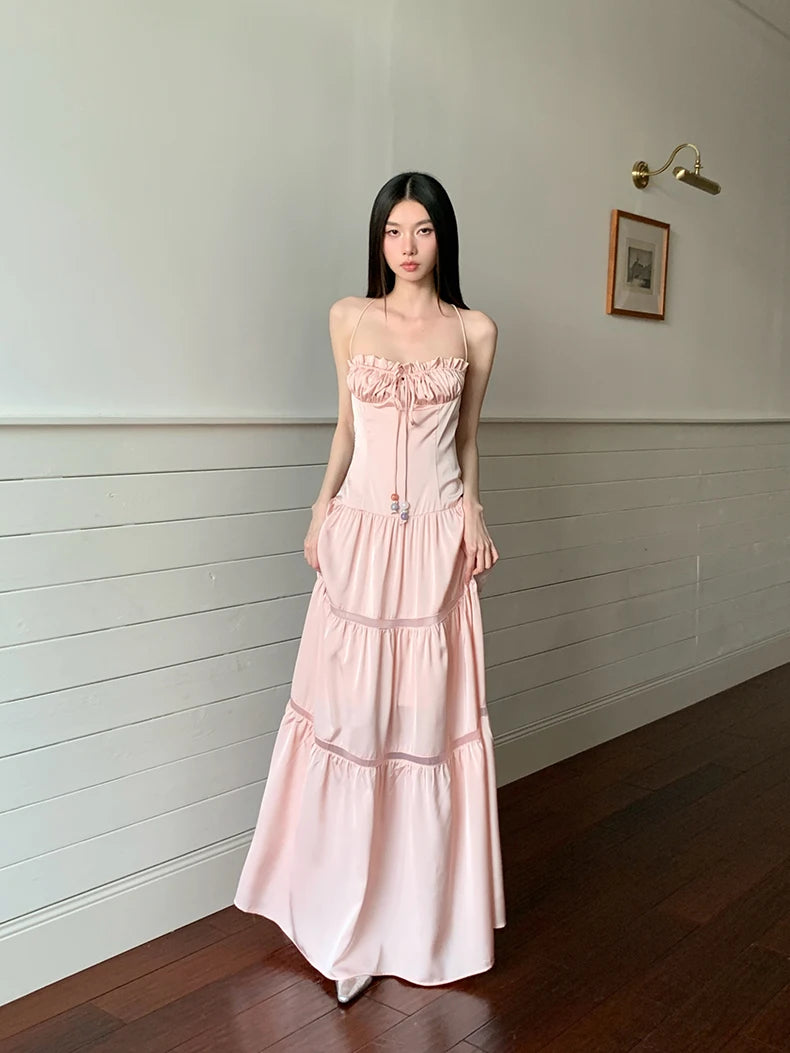 Bxoxo Pink Satin Backless Maxi Dress For Woman Shirring Beading A Line Long Tube Dress 2025 Summer Vacation Clothes