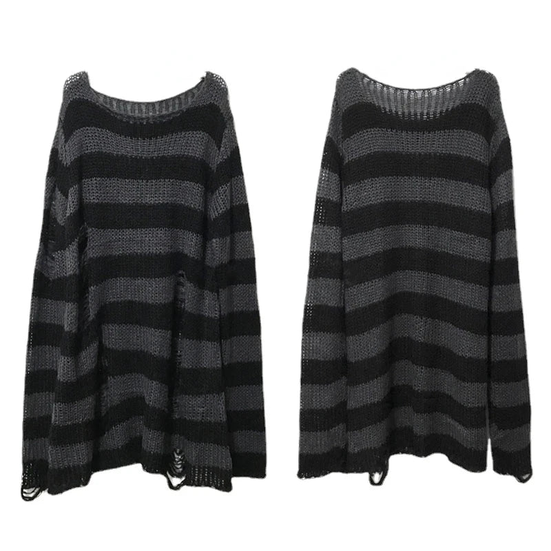 BXOXO New Punk Gothic Long Unisex Sweater Summer Women Striped Cool Hollow Out Hole Broken Jumper Loose Rock Thin Dark Streetwear Top