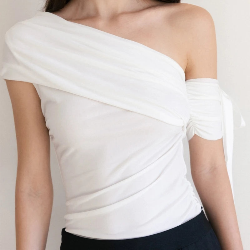 Bxoxo Solid Sexy Off Shoulder Casual Slash Neck Bow Pleated Slim Fit Crop Tops Y2K Spring Summer New Daily Cute Fashion Vest