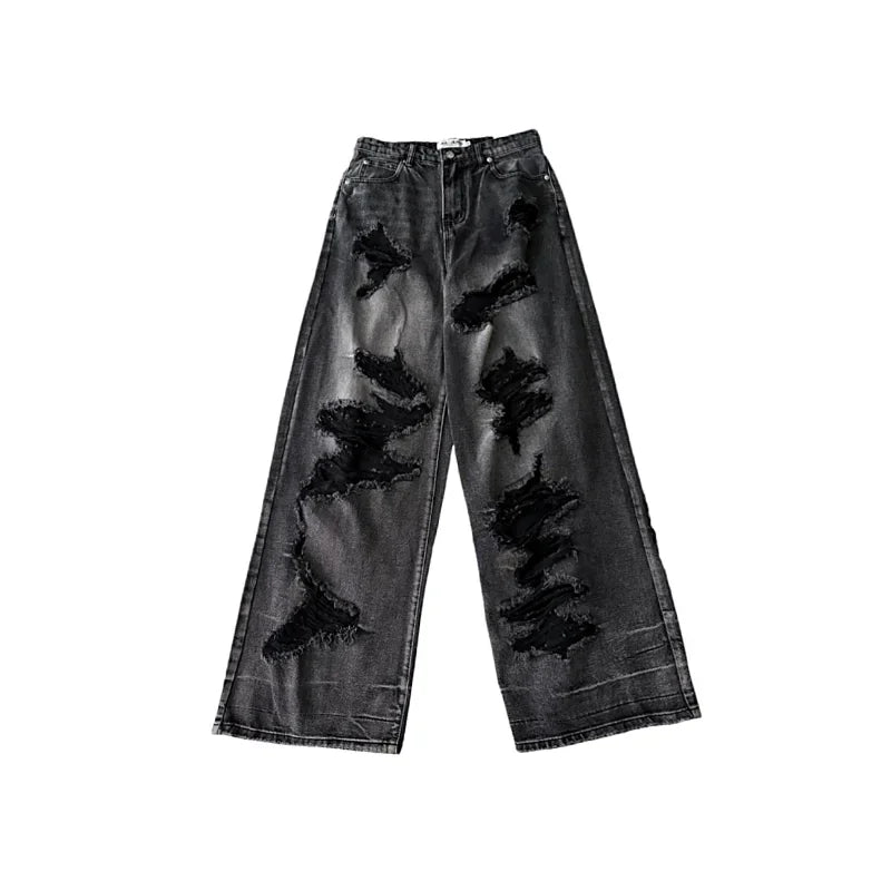 BXOXO Women's Distressed Design Wide Leg Hole Jeans Summer New Street Unisex Style Trousers Loose High Waist Straight Denim Pants