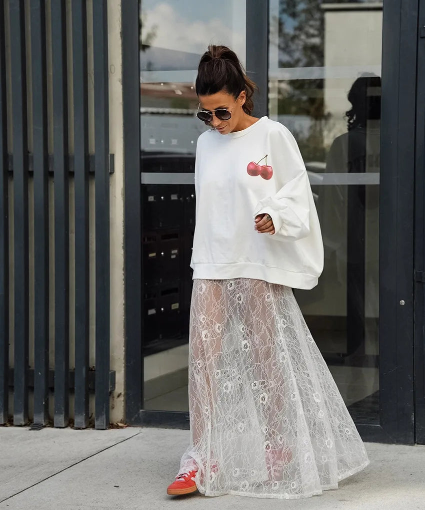 Bxoxo New Jacquard Lace Sheer Long Skirt Women Elastic Waist White Sexy Transparent Maxi Skirts Female Streetwear Fashion Faldas Jupe