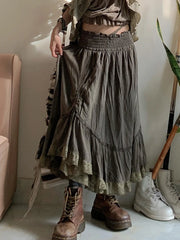 BXOXO Vintage Grunge Fairycore Long Skirt High Waist Y2K Aesthetics Party A-line Pleated Lace Maxi Skirts Harajuku Mori Girls
