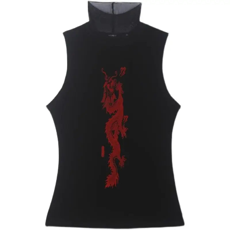 BXOXO Vintage Print Tops Women Sleeveless Slim American Retro Crop Tops Grunge Y2k Tank Tops Turtleneck Streetwear Tee Tops