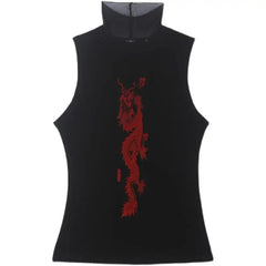 BXOXO Vintage Print Tops Women Sleeveless Slim American Retro Crop Tops Grunge Y2k Tank Tops Turtleneck Streetwear Tee Tops