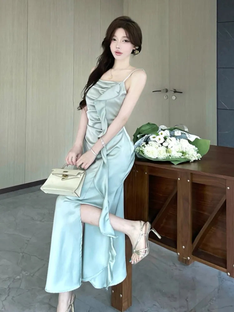 Bxoxo Party Chic Elegant Satin Split Sling Dresses For Woman Ruffles High Waist Folds Long Dress Prom Female Clothes 2025 New Robe