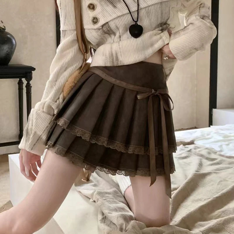 Bxoxo Fashion Bow Pu Pleated Skirt for Women Korean High Waist Splicing Mini Skirts Y2K Female Harajuku All-Match Chic A-Line Skirts