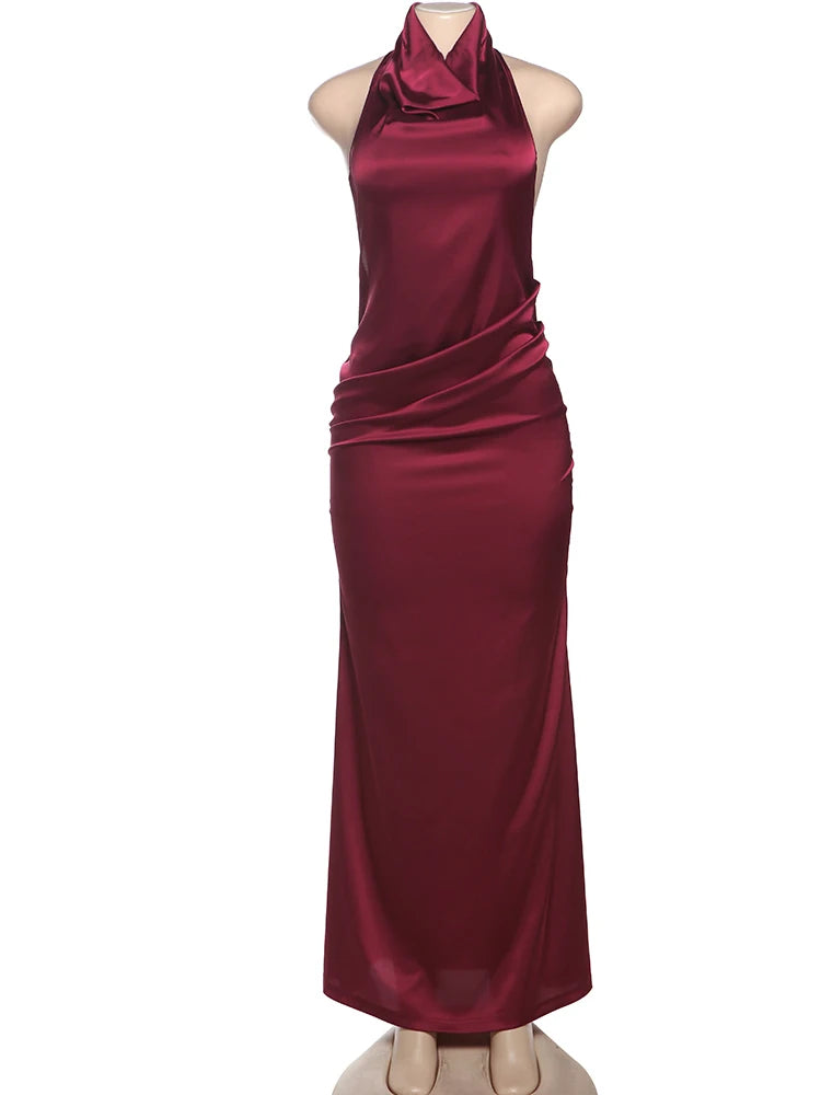 BXOXO Backless Dress Women Halter Swing Collar Sleeveless Skinny Stretch Robe Midnight Sexy Prom Party Elegant Long Bodycon