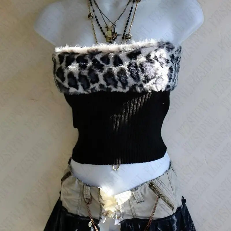 BXOXO Fashion Faux Fur Collar Harajuku Y2k Tank Top High street Grunge Gothic Casual Knitted Tube top Casual Punk Crop top Wintertime