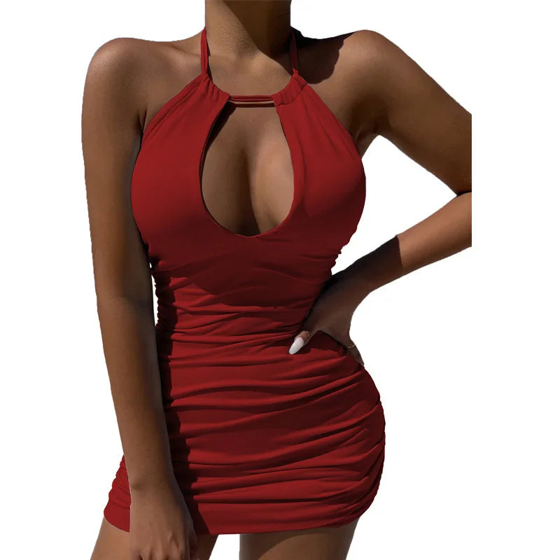BXOXO Y2K Summer new lace up Halter backless dress European and American sexy hollow pleated Hip Wrap Skirt