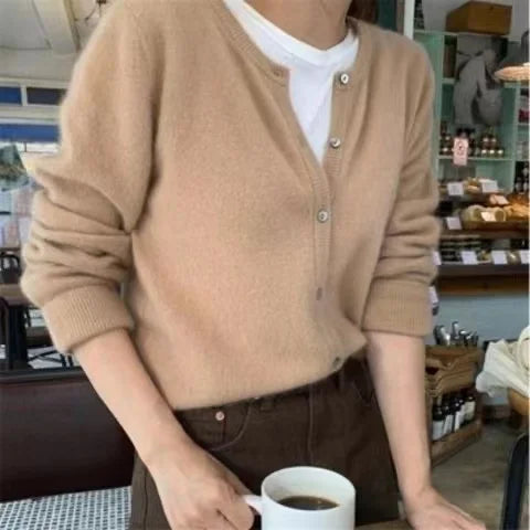 BXOXO Cold Weather Outfits Fall Solid Color Knitted Cardigan Women Korean Single Breasted Long Sleeve Jumper Woman Round Neck All Match Sweater Outwear Top