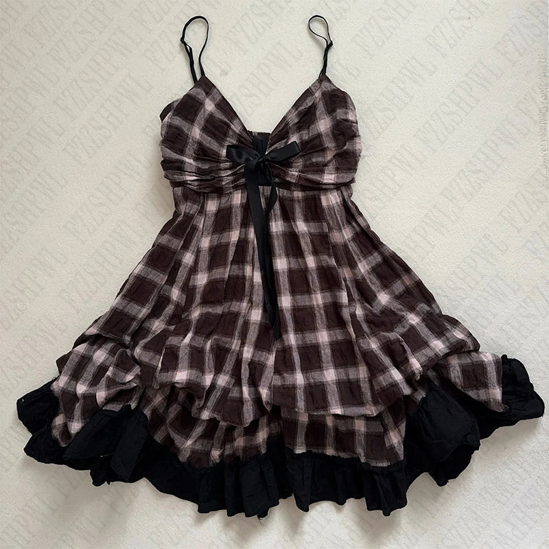 BXOXO Women's Suspender V-neck Dress Retro Plaid Pattern 2000s Harajuku Street Hip-hop Casual Versatile Cute Y2K Emo Girls Slim Dress