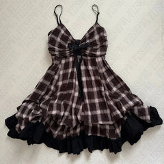BXOXO Women's Suspender V-neck Dress Retro Plaid Pattern 2000s Harajuku Street Hip-hop Casual Versatile Cute Y2K Emo Girls Slim Dress