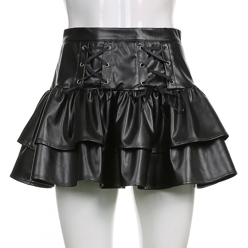 Bxoxo PU Leather Mini Skirts Punk Style High Waist Lace Up Bandage Black Pleated Skirt Streetwear Girls Dark Academia Clothes