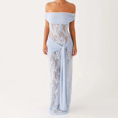BXOXO Women Twist Maxi Dress Sexy Off Shoulder Lace Patchwork Knot Waistband Mesh Bodycon Long Dress Prom Cocktail Party