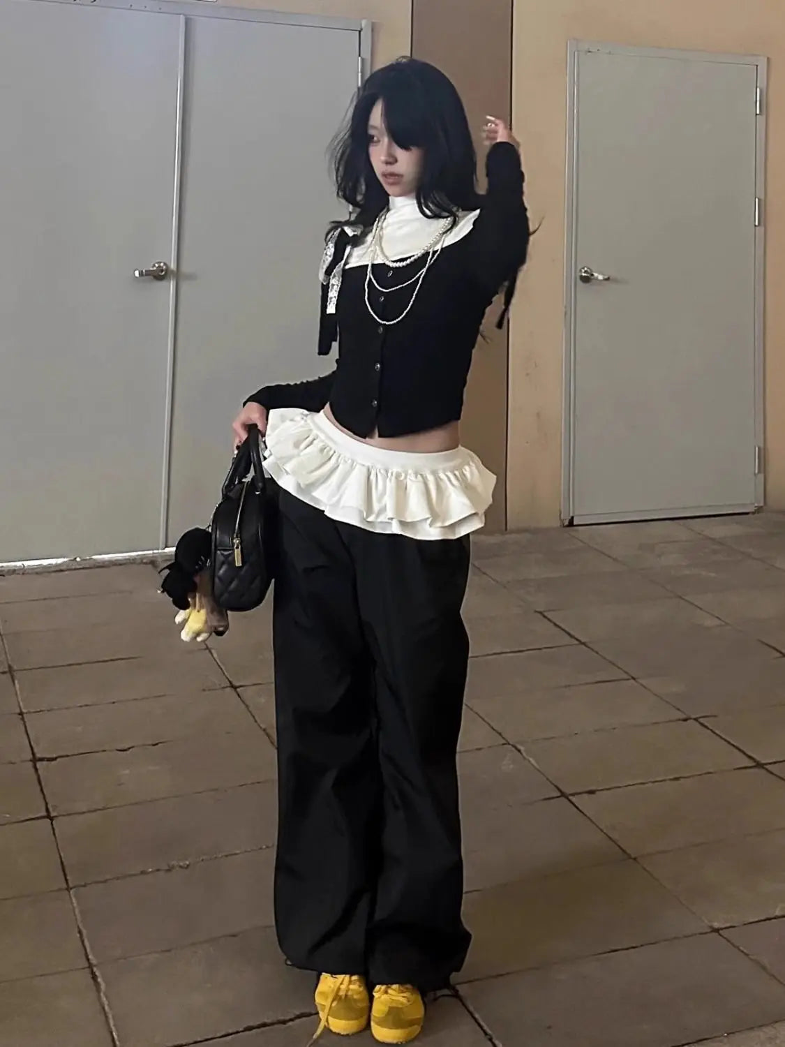 Bxoxo Y2k Black Vintage Women Skirt Pants Kawaii Patchwork Harajuku Korean Style Sweatpants Wide Leg Baggy Trousers Youthful