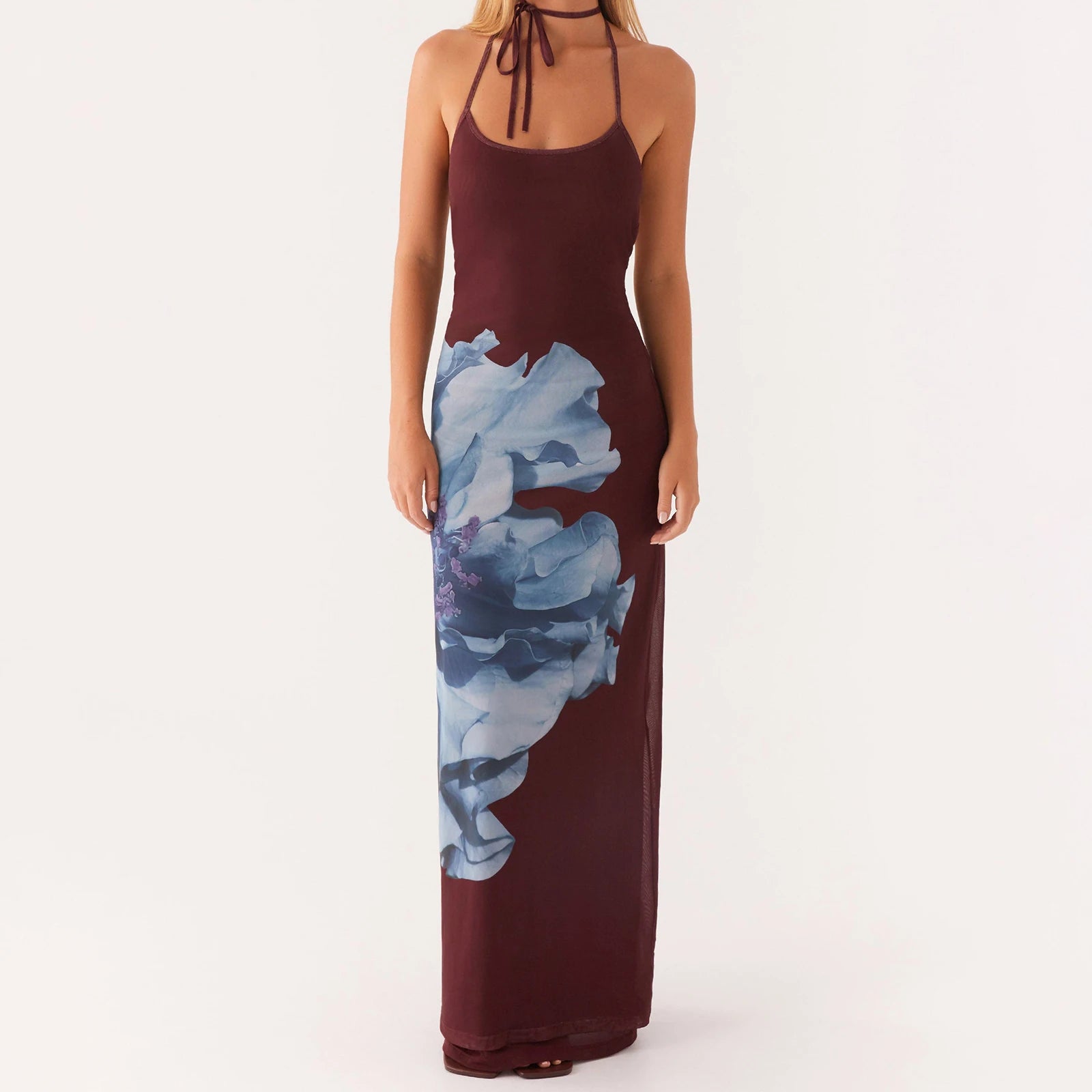 BXOXO Women's Summer Long Cami Dress Fashion Sleeveless Open Back Halter Neck Flower Print Dress Beach Vacation Sundress