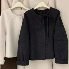 Bxoxo Fashion Faux Wool Black Coat Women Korean Thickened Bow Lace Up Casual Jacket Y2K Autumn Loose Streetwear Female Blends Outwear