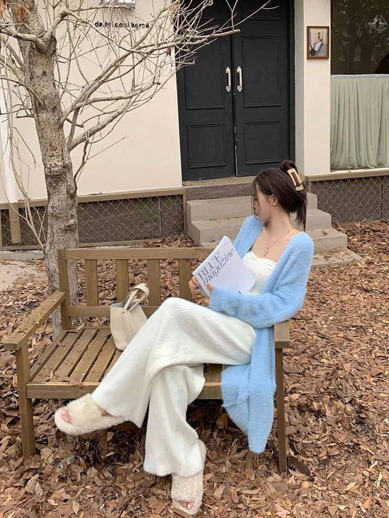 Bxoxo New Imitation Mink Coat Slimming Autumn And Winter Loose Fitting Long Sweater Thickened Lazy Knitted Cardigan Jacket White