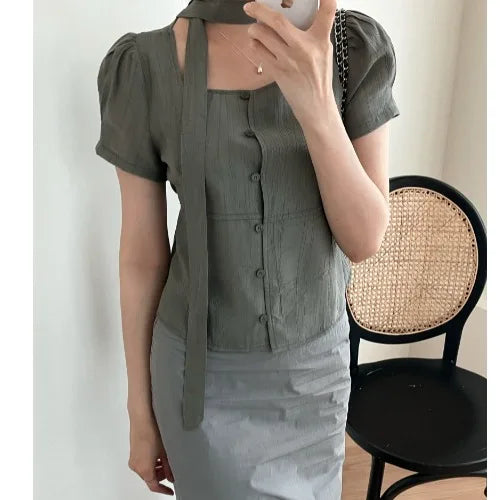 Bxoxo Summer ort Sve irt Single Button Square Collar Tie Design Casual Sle Pure Color Polyester Fiber 00%