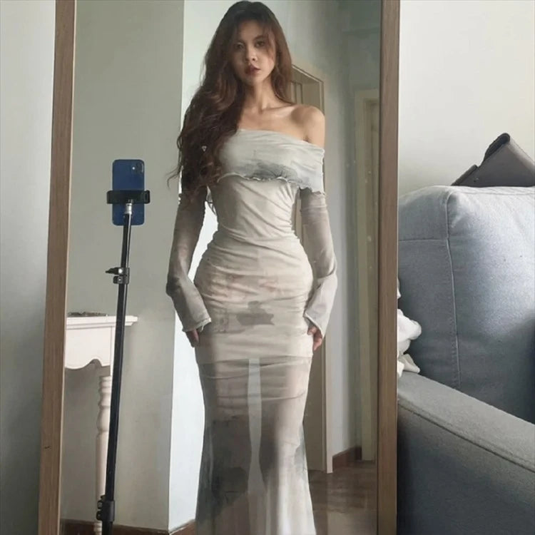 Bxoxo New Chinese Style Inkwash Painting Dresse Y2k E-Girl Slash Neck Long Sleeve Vestidos Summer Slim Waist Mesh Dress for Women